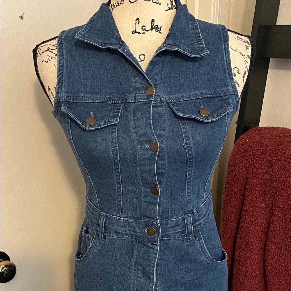 Bebe Sleeveless Blue Button Distressed Pockets Denim Midi Dress Boho Western - Picture 5 of 15